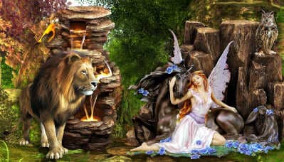 Die Engel Erzengel mit Löwen und Eule vor einem wunderschönen Wasserfall Hellseher und Engelmedium Udo Golfmann